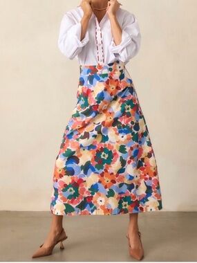 Prosperina River Orange Multi Floral Print Cotton Midi Skirt XS NWT